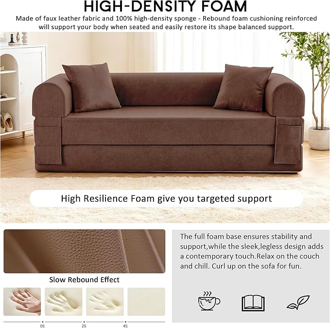78.5" Convertible Sleeper Sofa Bed, Faux Leather Deep Seat Folding Floor Sofa with Pullout Bed & 2 Pillows, No Assembly Modern Boneless Couch Compression Sofa in Box for Living Room, Office, Brown
