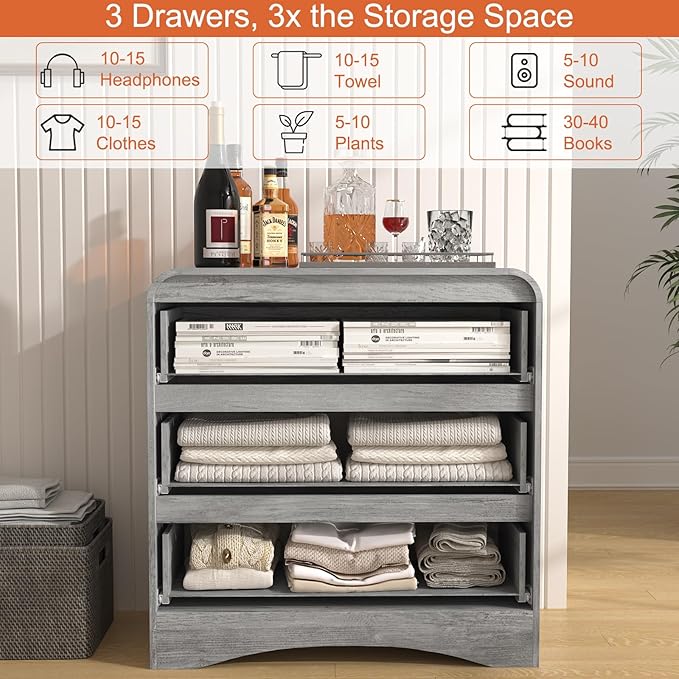 3 Drawer Dressers for Bedroom, 32" Wide Wood Storage Dresser & Chest of Drawers Organizer, Large Modern Dressers with 3 Drawer Storage Organizer for Bedroom Living Room Hallway Closet, Grey