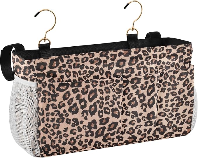 Bedside Caddy Hanging Bunk Bed Caddy Bed Organizer Hanging Pocket with 2 Hooks Bedside Storage Organizer Pocket Bag Holder Leopard Print Brown