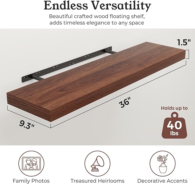 Floating Shelves for Wall, 9.3" Deep Wall Mounted Wood Shelves for Bathroom, Bedroom, Living Room, Kitchen, Hanging Shelf for Books/Storage/Room Decor (Walnut, 36")