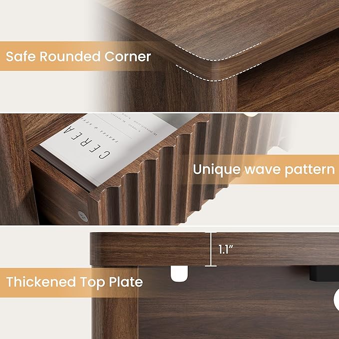 CypBed Night Stand with Charging Station, Bedside Tables with 2 Drawers & Storage Shelf, Wood Fluted Nightstand with Rounded Corner Design, Modern End Table for Bedroom, Easy Assembly