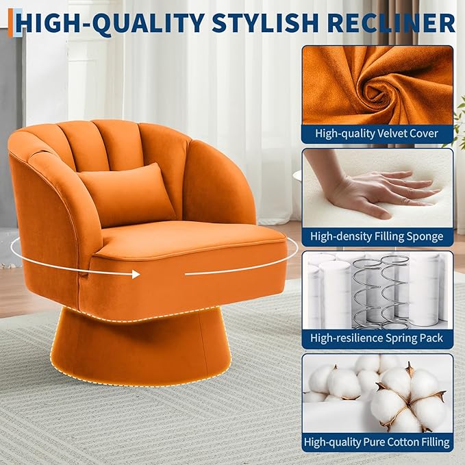 GarveeHome Modern Swivel Barrel Accent Chair, 360° Velvet Upholstered Armchair with Striped Backrest & Plush Padding, Comfy Round Lounge Chair (2, Orange + Velvet)