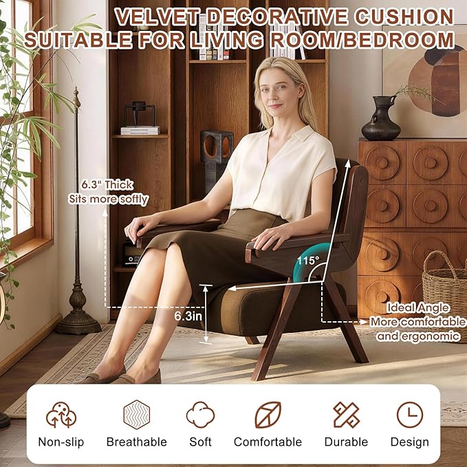 Accent Chair Mid Century Modern Chair, Velvet Upholstered Lounge Arm Chair with Solid Wood, Cozy Reading Chair for Living Room, Bedroom, Balcony (Coffee, Single Chair)