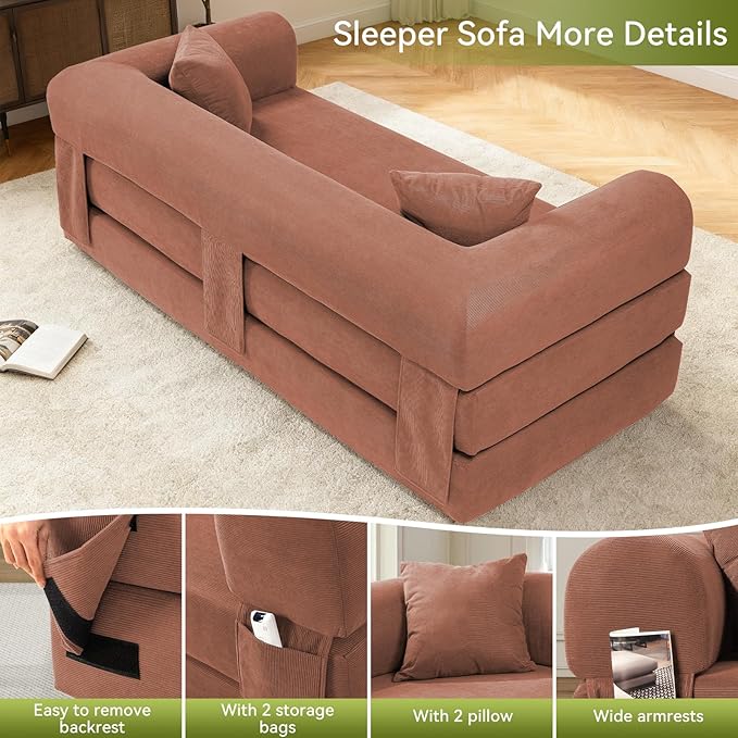80" Convertible Sofa Bed,Corduroy Folding Sleeper Sofa Bed Queen with Pillows & Storage,Modular Pull Out Couches Boneless Couch for Living Room,Compressed Couch in a Box,Pink