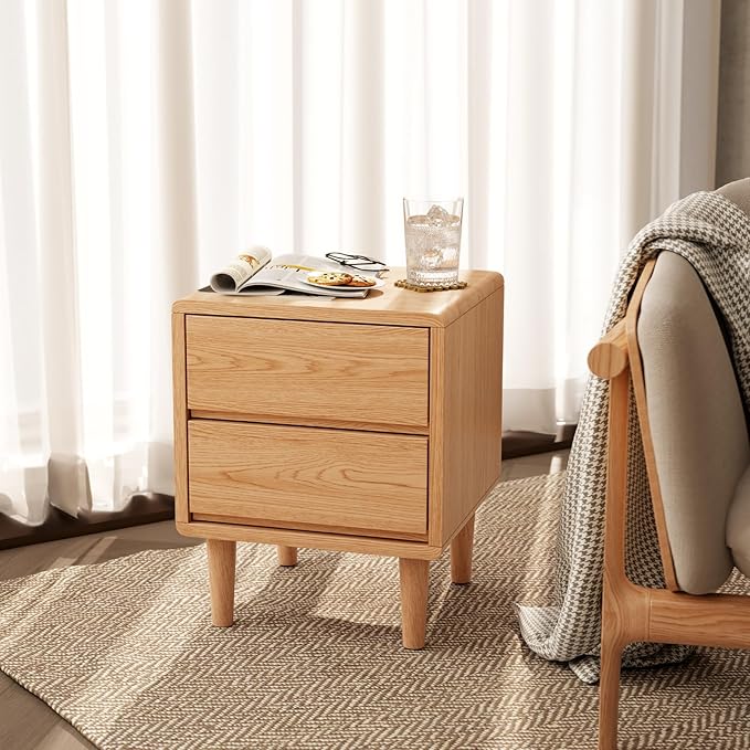 Solid Wood Nightstand Natural Night Stand with Drawers Mid Century Modern Nightstand with Storage,Wood Night Stand,Small Bedside Table for Bedroom,Living Room,Office,Natural Bedside Table