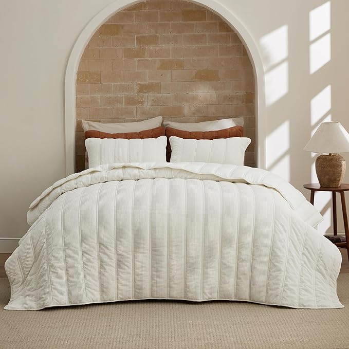 Bedsure Luxury Velvet Quilt Queen Size - Lightweight Velvet Ivory Fluffy Comforter Set, Oversized Corduroy Bedspread Coverlet Winter Bedding Set, Pet-Friendly, Tear-Resistant, Ultra-Soft, 90"x96"