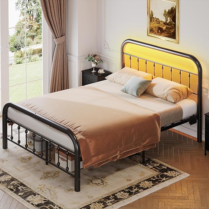 WLIVE Metal Platform Bed Frame, Queen Bed Frame with Headboard, Bed Frames with LED Lights and Charging Station, 1500LBS Mattress Foundation, Under Bed Storage, No Box Spring Needed, Black