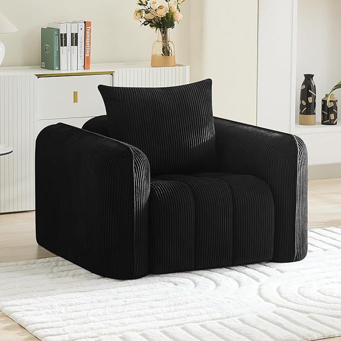 Oversized Boneless Accent Chair, Comfy Deep Seat Armchair for Bedroom, Modern Upholstered Living Room Sofa Chair with Pillow, No Assembly, Corduroy Black