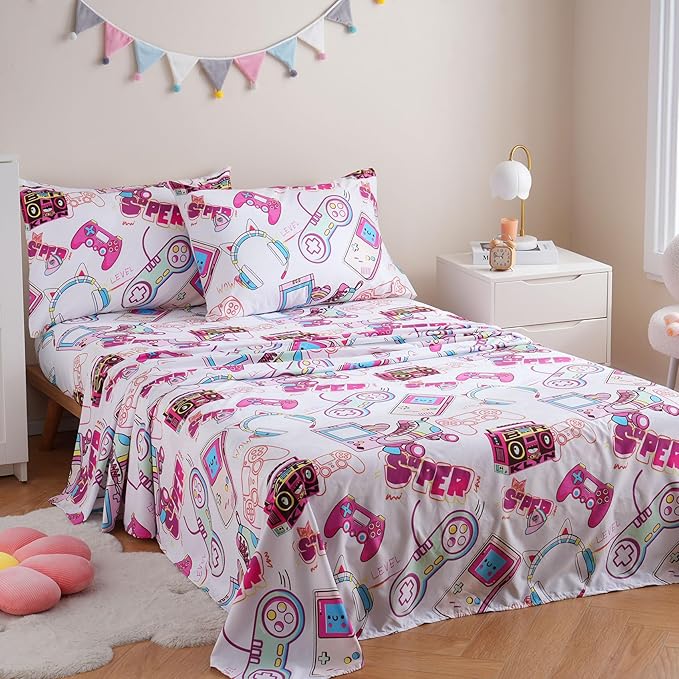 JSD Gaming Kids Sheet Set Full Size, 4 Piece Soft Girls Gamer Printed Microfiber Bed Sheets Deep Pocket