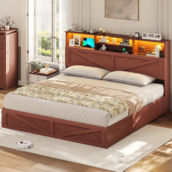 VIAGDO Farmhouse Bed Frame King Size with Bookcase Storage Headboard, Charging Station and LED Lights, Wooden King Bed Frame with 4 Drawers, Barn Door Design, No Box Spring Needed, Reddish Brown