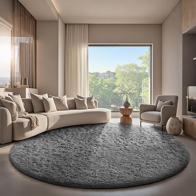 Ophanie Round Rug 7Ft Grey Circle Area Rugs, Large Fluffy Fuzzy Living Room Carpet 7 foot, Plush Shag Solid indoor Floor Gray Bedroom Christmas Circular Aesthetic Decor for Kids Teen Boys Baby,Nursery