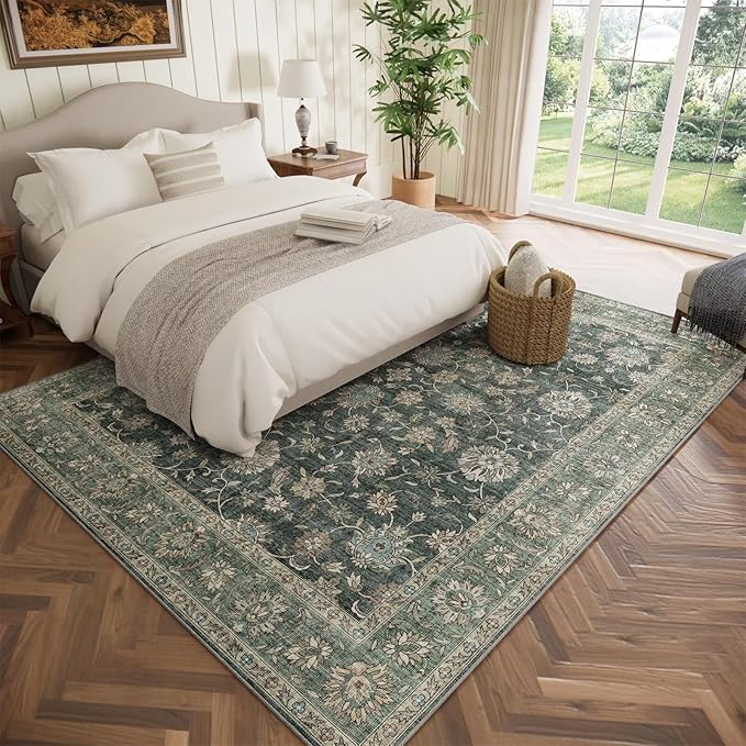 Washable 5x7 Area Rugs for Living Room, Boho Non-Slip Vintage Distress Rugs for Bedroom Dining Room Nursery Office, 0.3" Neutral Oriental Throw Thin Carpet with Cushioning Pad, Sage Green/Blue/Multi