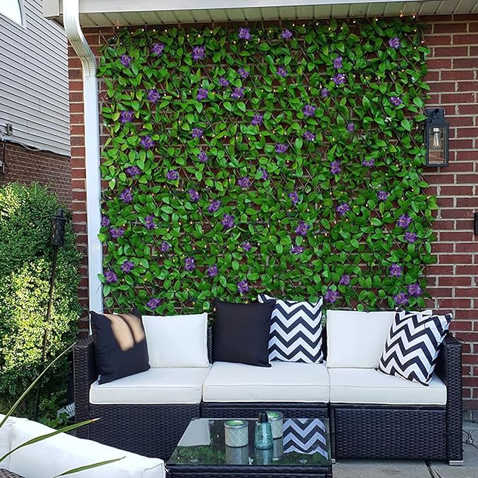 Sumery Expandable Fence Privacy Screen for Balcony Patio Outdoor,Decorative Faux Ivy Fencing Panel,Artificial Hedges (Single Sided Leaves) (2, Green Flowers)