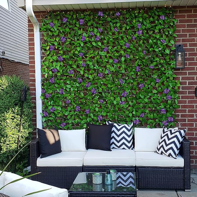 GLANT Expandable Fence Privacy Screen for Balcony Patio Outdoor,Decorative Faux Ivy Fencing Panel,Artificial Hedges (Single Sided Leaves) (1, Purple Flowers)