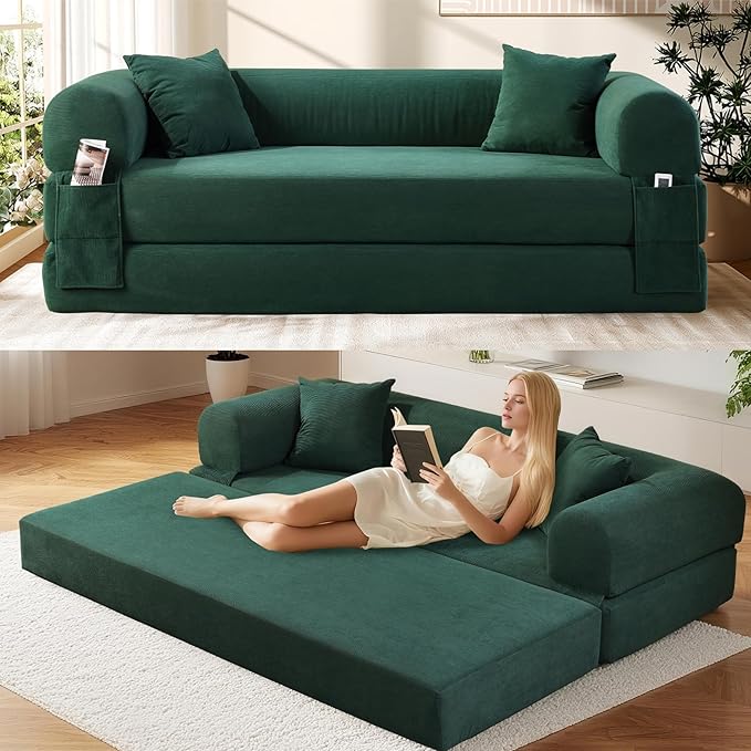 Convertible Futon Sofa Bed,80" Folding Pull Out Couch Bed with Storage,Queen Sleeper Sofa Bed,Compressed Couch in a Box,Corduroy Boneless Couches for Living Room,Deep Green