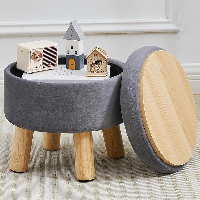 FIMIVIBI Small Foot Stool Ottoman with Storage, Velvet Ottoman Foot Rest for Couch, Round Footstool with Storage, Small Ottomans and Footstools for Living Room and Entryway (Gray)