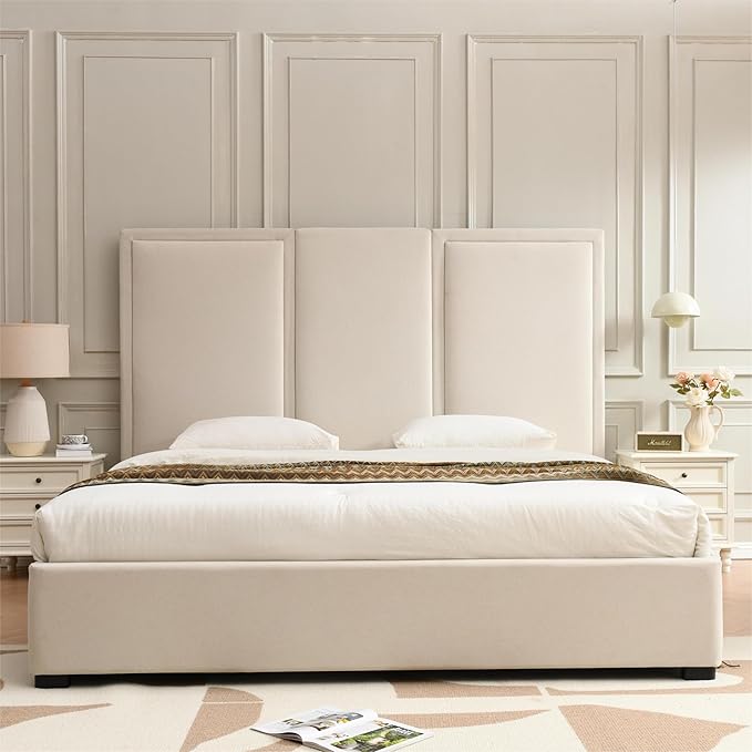 YUHUASHI King Size Bed Frame with 64-inch High Headboard, Simple and Airy Linen Upholstered Platform Bed with Storage Drawers, Wood Slat, No Noise (Beige, King)