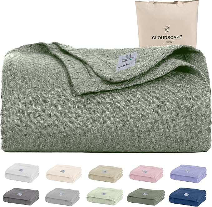 Cloud Scape Linen 100% Cotton Blanket 92x92 Olive Green - Cozy Herringbone Weave, Fits Up to for Full Size Beds, Breathable Softness, All-Season Warmth, Winter Blanket, for Women