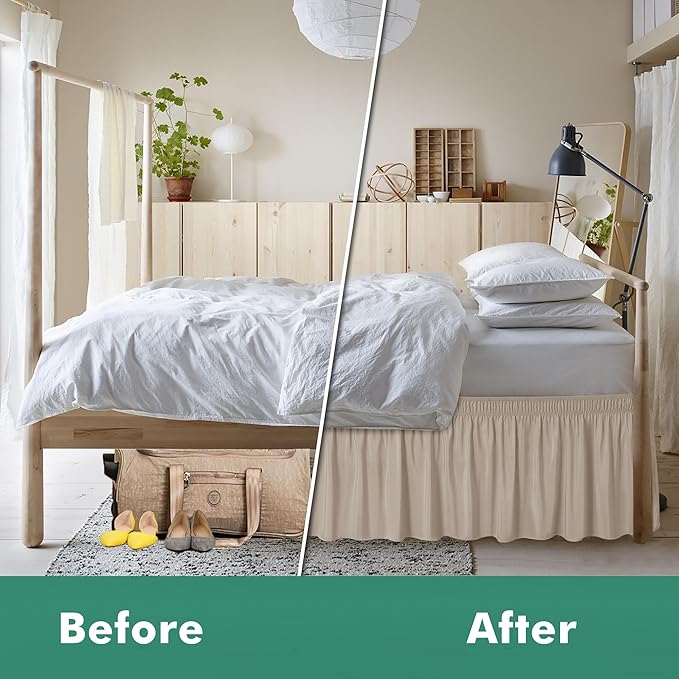 Biscaynebay Wrap Around Bed Skirts with Split Corners for Full Beds 14" Drop, Light Camel Elastic Dust Ruffles Adjustable Easy Fit Wrinkle & Fade Resistant Silky Luxurious Fabric Machine Washable
