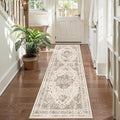 2x6 Hallway Washable Runner Rug Vintage Non-Slip Soft Kitchen Mat Boho Medallion Distressed Farmhouse Carpet Floral Low Pile Indoor Throw Rug for Entryway Bathroom Living Room Bedroom, Taupe