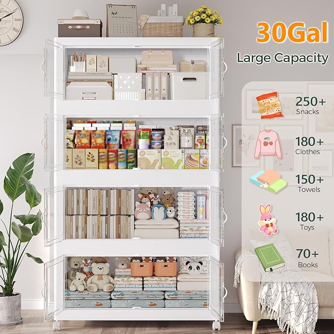 150Gal Stackable Storage Bins with Lid, 600Qt Extra Large Collapsible Storage Box with Doors and Wheels, Plastic Closet Organizer and Storage Cabinet Drawer for Home Kitchen, 5Pack White