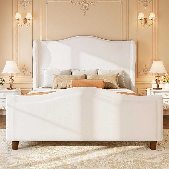 koorlian King Size Bed Frame Chenille Fully Upholstered Bed with Headboard and Footboard, 51" High Tufted Wingback Sleigh Upholstered Platform Bed, Modern Retro Minimalist Style, Easy Assembly, Cream