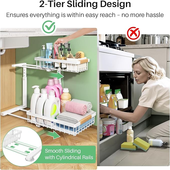 Kitstorack Under Sink Organizer, 2 Packs 2 Tier Under Sink Organizers and Storage, Slide out Pull out Cabinet Organizer Shelf, Metal Sliding Drawer for Kitchen Bathroom Pantry Closet Rack(White)