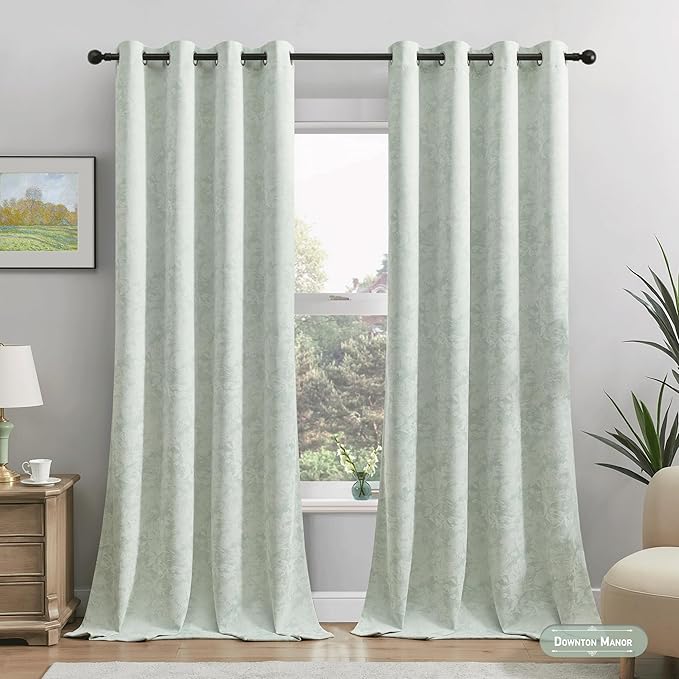 Beauoop Green Floral Jacquard Blackout Curtains 63 Inches Long 2 Panels for Bedroom Living Room Sage Flower Chenille Room Darkening Thermal Insulated Soundproof Grommet Window Treatments Drapes, 52x63
