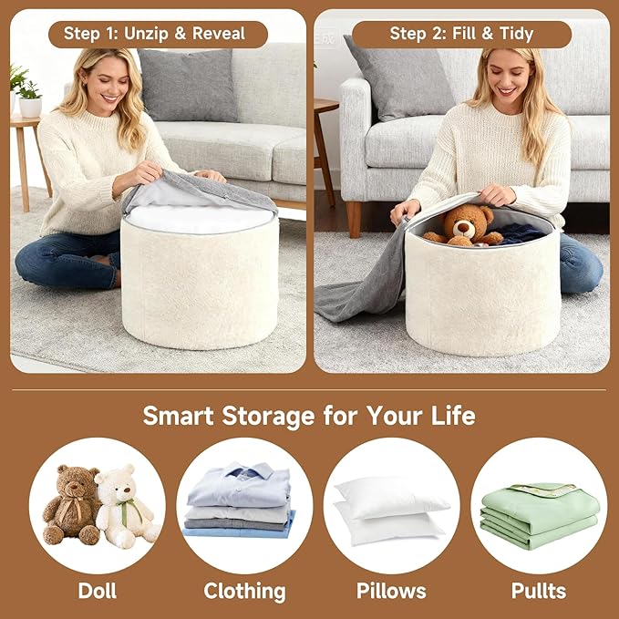 Tiita Round Stuffed Pouf Ottoman, Plush Poufs with Foam Chunk Filling, Foot Rest Stool for Living Room, Cream