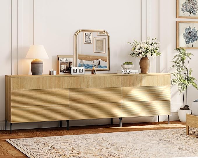 WAMPAT 94.5" W Fluted Dresser for Bedroom, Modern 9 Drawer Dresser TV Stand with Hidden Handles, Wooden Chest of Drawers Closet Clothes Storage Organizer for Bedroom, Living Room, Oak
