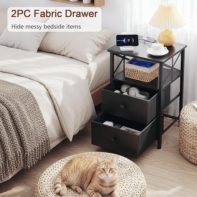 AMHANCIBLE Nightstand with Fast Charging Station, End Table Living Room with USB Charger, Power Outlet, Bed Side Table with Fabric Drawers for Bedroom HET052LBK1