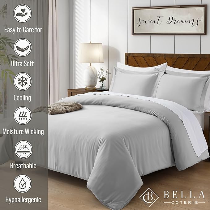 Bella Coterie Luxury Bamboo Viscose King Size Duvet Cover Set | 100% Organically Grown | Corner Ties | Ultra Soft | Cooling | Two Pillow Shams | 106 x 94 | No Insert [Grey Mist]