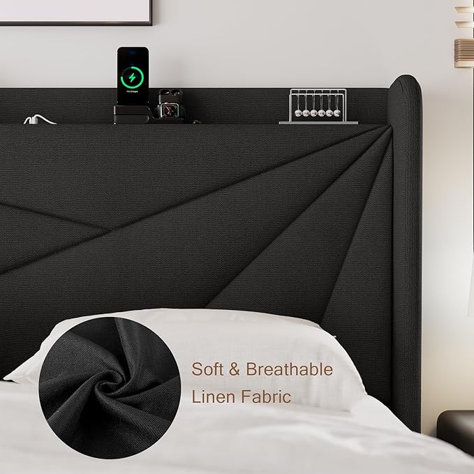 Full Size Upholstered Bed Frame with Charging Station, Platform Bed Frame with Storage Headboard, Solid Wood Slats Support, No Box Spring Needed, Black