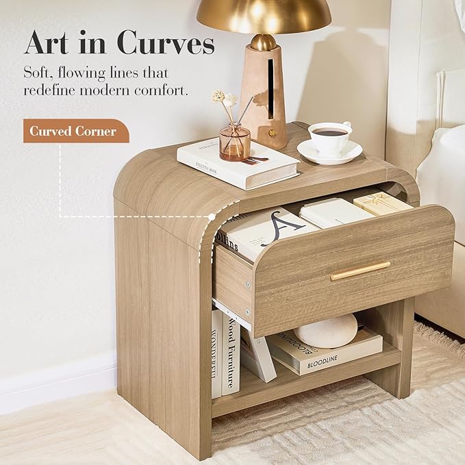 Night Stand Set of 2 [Unique Curved Profile] [FSC-Certified Wooden Board] 1-Drawer and 1 Storage Shelf Nightstand 24" H Metal Handle Modern Bedside Table
