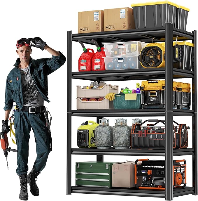 Storage Shelves, Garage Metal Shelving Unit, Adjustable, Double-Layer Column with Reinforced Ribs, Heavy-Duty, Capable of Bearing 3000 lbs, Suitable for Garage, Warehouse, Kitchen Storage