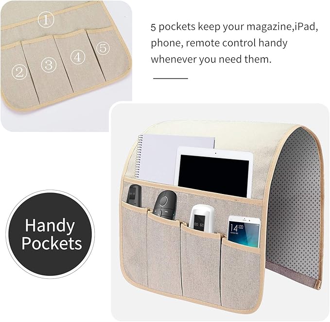 Sofa Armrest Organizer, Remote Control Holder for Recliner Couch, Arm Chair Caddy with 5 Pockets for Magazine, Tablet, Phone, iPad