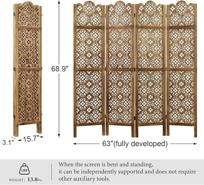 68.9Inch Folding Room Divider, 4 Panels Wood Carved Privacy Screens - Ideal Decorative Partition for Home, Office, Restaurant, Bedroom (Dark Brown)