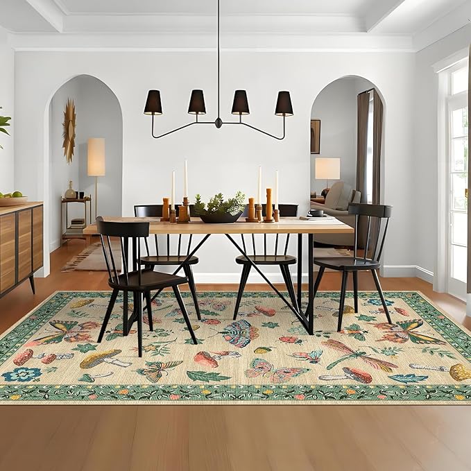 Mushroom 9x12 Rug for Living Room Non Slip Washable 9 X 12 Rug for Bedroom with Rubber Back Soft Low-Pile Stain Resistant Foldable Large Carpet for Nursery Dining Room Khaki Green