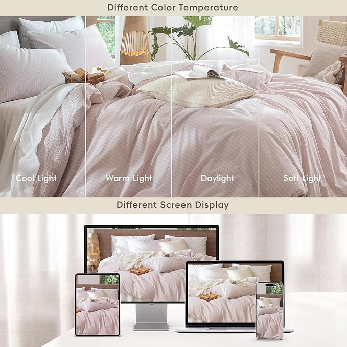MooMee Striped Duvet Cover Set 100% Washed Cotton Linen Like Textured Breathable Durable Soft Comfy (Heathered Greyish Pink White Wide Stripes, Oversized Full 82"x86")