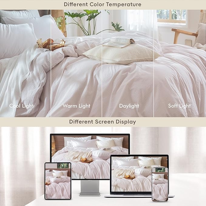 MooMee Striped Duvet Cover Set 100% Washed Cotton Linen Like Textured Breathable Durable Soft Comfy (Heathered Greyish Pink Pinstripes, Cal King 104"x98")
