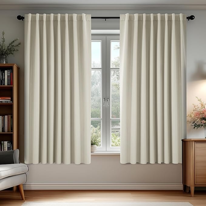 Deconovo Blackout Curtains, Thermal Insulated, W70 x L63 2 Panels, Back Tab, Machine Washable, Room-Darkening Drapes for Bedroom/Living Room Light Beige