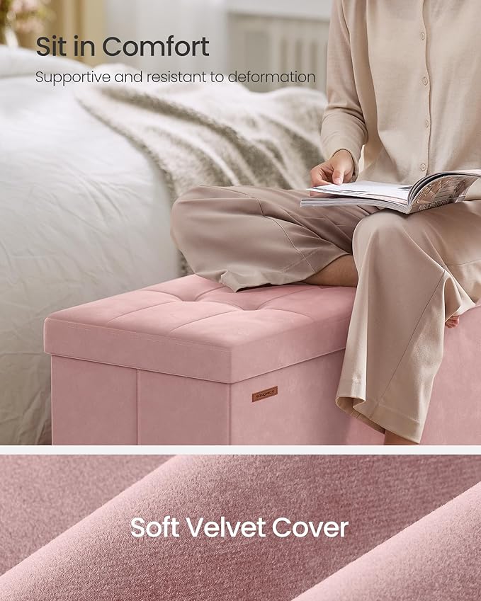 SONGMICS Storage Ottoman Bench, Folding Storage Chest, 15 x 43.3 x 15.7 Inches, Foot Rest Stool, 30 Gal. (112 L), Velvet Surface, for Bedroom, Entryway, Living Room, Jelly Pink ULSF0518R02