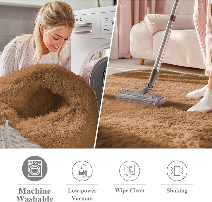 OLANLY Khaki Round Rugs for Bedroom - Machine Washable, 2 ft Circle Area Rugs for Living Room, Soft and Fluffy Shaggy Carpet for Teen Girl and Boys, Nursery Rooms, Dorms, Home Decor Aesthetic