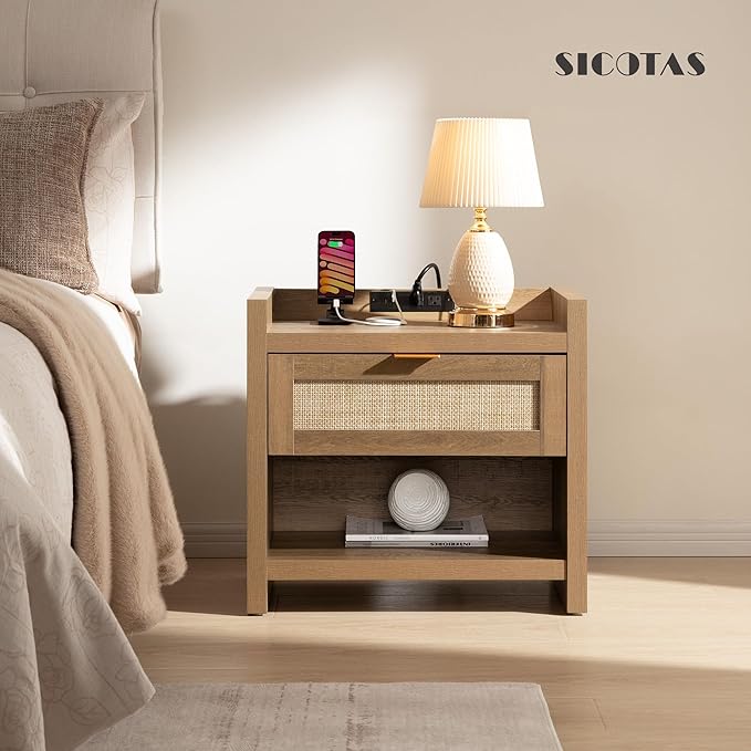 SICOTAS Night Stand Set of 2 Nightstands - Rattan Bed Side Table with Drawer Storage,Type-C Charging Station End Table - Boho Bedside Night Stands for Bedroom - Natural Oak
