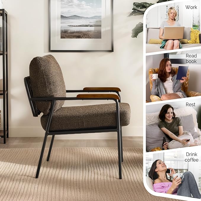 VINGLI Mid-Century Modern Accent Armchiar for Small Space, Small Comfy Upholstered Leisure Reading Chair with Wood Armrest for Bedroom, Living Room, Waiting Room, Linen Expresso
