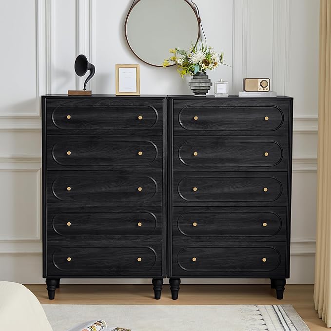 ORRD 5 Drawer Fluted Dresser for Bedroom, Mid Century Modern Chest of Drawers, Wood Storage Large Dresser Organizer for Bedroom Living Room Hallway Closet, Black