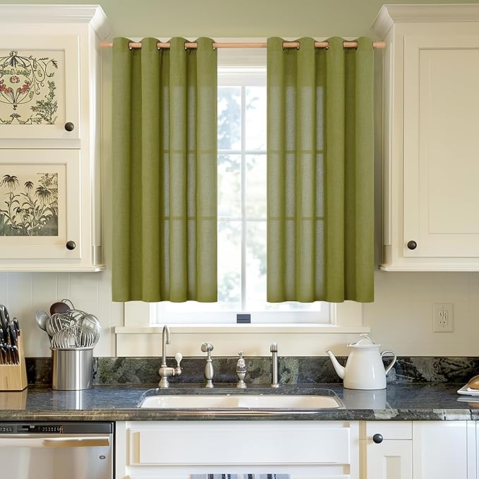 YoungsTex Olive Green Linen Curtains 45 Inches Length Textured Short Window Drapes Light Filtering with Bronze Grommet for Kitchen Bedroom Cafe Decorative, 42 x 45 Inch, 2 Panels