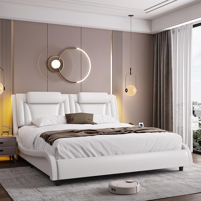 Keyluv Upholstered Platform Bed Frame with Adjustable LED Headboard, Pu Leather, Wave-Like Curve Design and Solid Wooden Slats Support, No Box Spring Needed, Noise Free, Modern, Queen, White