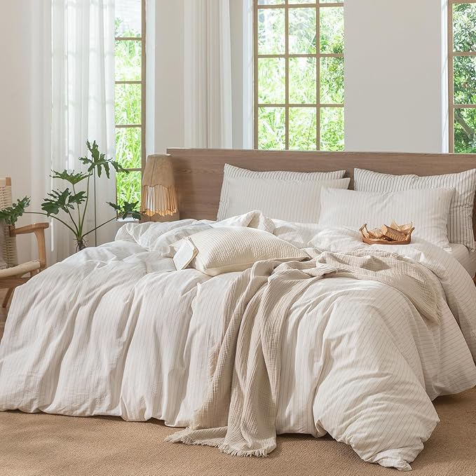 MooMee Striped Duvet Cover Set 100% Washed Cotton Linen Like Textured Breathable Durable Soft Comfy (White Almond Milk Grey Wide Stripes, Queen 90"x90")