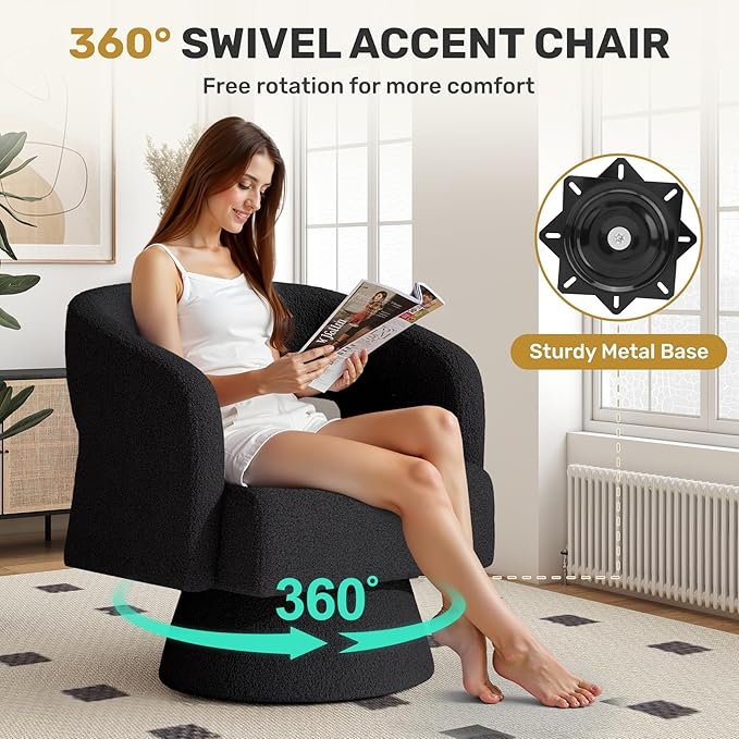 Swivel Accent Chair Set of 2, Modern Comfy Teddy Barrel Chairs, Oversized Upholstered Round Arm Chair for Living Room, Bedroom, Reading Room, Black